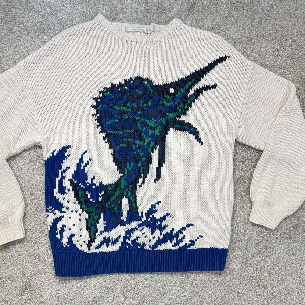 Vintage 1980's Perry Ellis Hand Knit 100% Cotton Blue Marlin Sweater XL